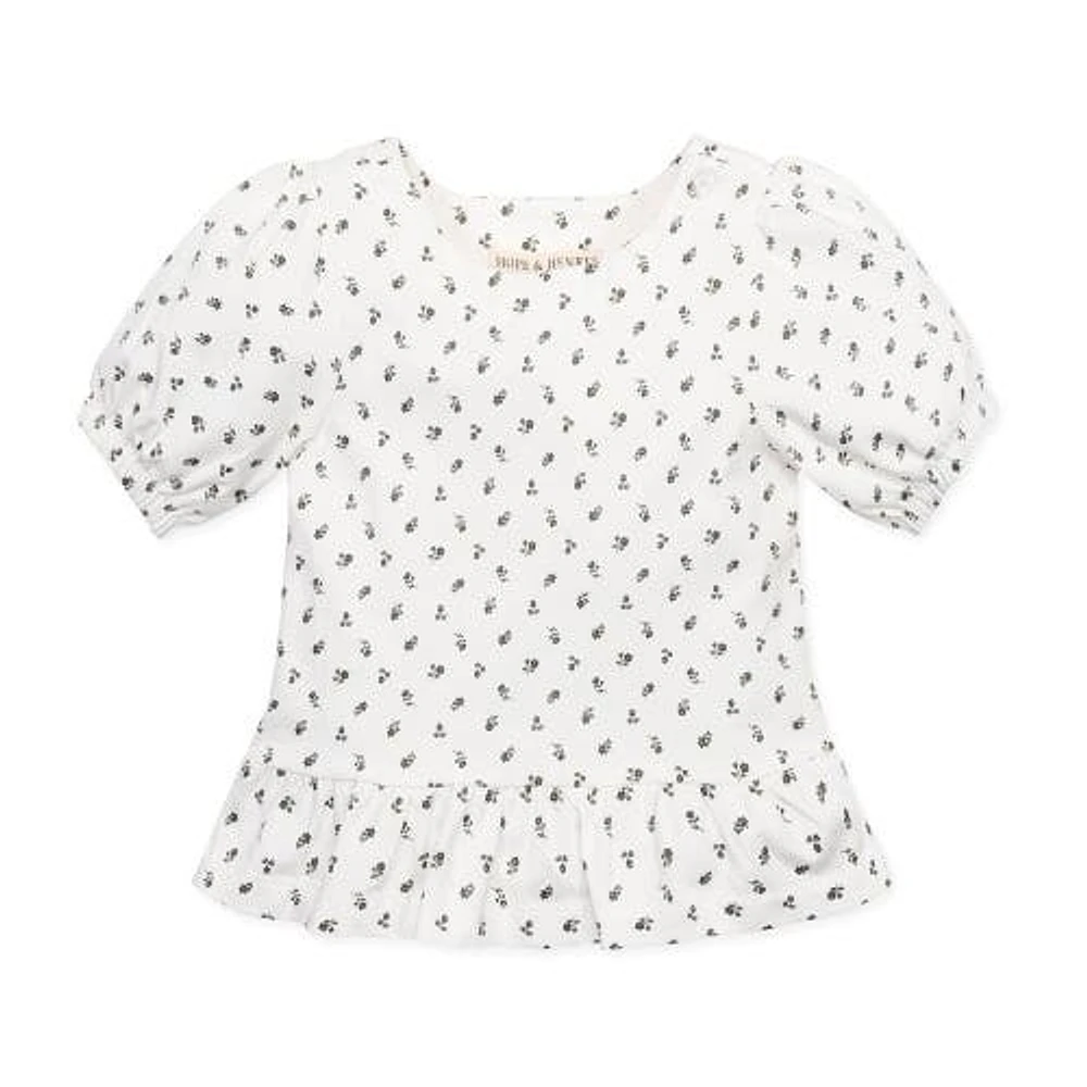 Hope & Henry Girls' Organic Bubble Sleeve Knit Peplum Top, Infant Provence Ditsy Floral at Nordstrom,