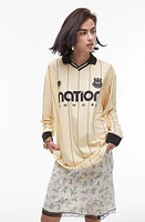 Topshop Stripe Soccer Long Sleeve Johnny Collar Graphic Polo Yellow at Nordstrom,