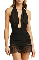 Norma Kamali Mesh Plunge Skirted One-Piece Swimsuit Black at Nordstrom,