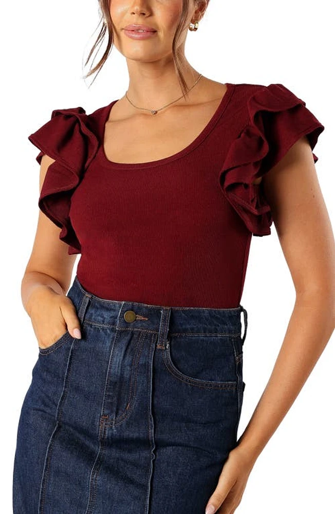 Petal & Pup Loren Ruffle Sleeve Rib Top Burgundy at Nordstrom,