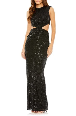 Ieena for Mac Duggal Sequin Twist Front Cutout Column Gown Black at Nordstrom,