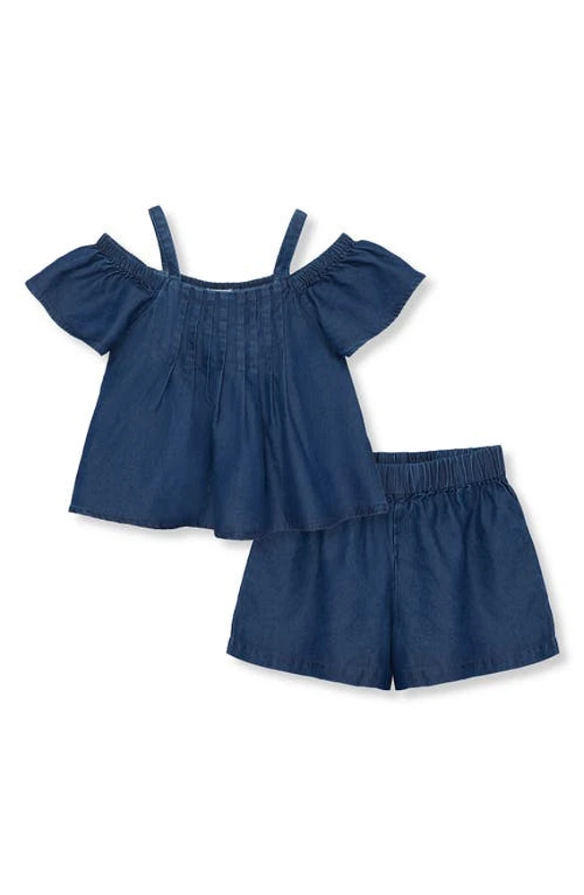 Habitual Kids Kids' Pleated Cold Shoulder Denim Top & Shorts Set Indigo at Nordstrom,