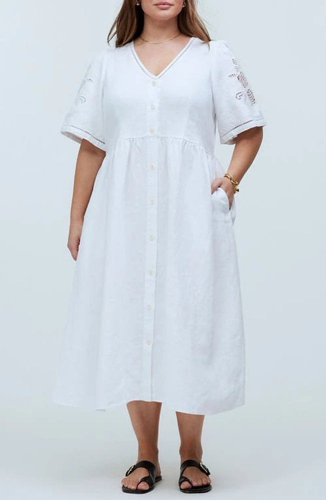 Madewell Cassie Openwork Detail Linen Button-Up Midi Dress in Eyelet White at Nordstrom, Size 3X