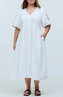 Madewell Cassie Openwork Detail Linen Button-Up Midi Dress in Eyelet White at Nordstrom, Size 3X