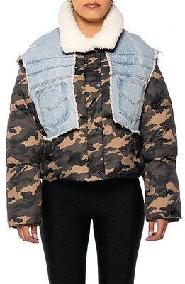 AZALEA WANG Hotshot Camo & Denim Puffer Jacket with Faux Shearling Collar in Camo Multi at Nordstrom, Size Large