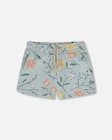 Deux Par Deux Little Girl's French Terry Short Baby Blue With Printed Romantic Flower in Baby Blue Printed Romantic at Nordstrom, Size 5