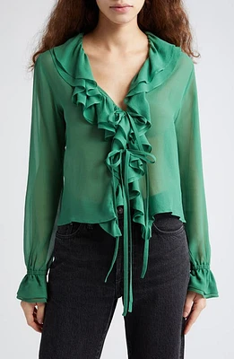 Bode Flounce Ruffle Long Sleeve Silk Top Green at Nordstrom,