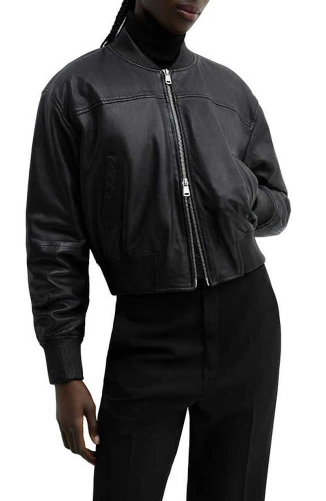 MANGO Leather Bomber Jacket Black at Nordstrom,