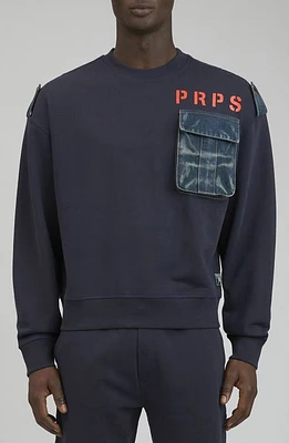 PRPS Sandai Denim Trim Cotton Sweatshirt Navy at Nordstrom,