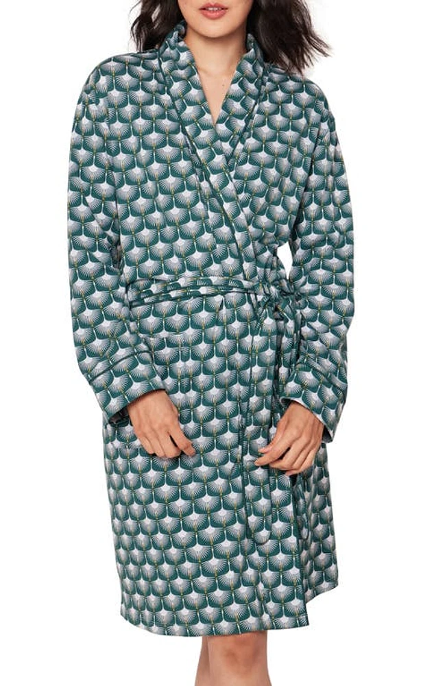 Petite Plume Sonnet of Swans Print Piped Pima Cotton Robe Green at Nordstrom,