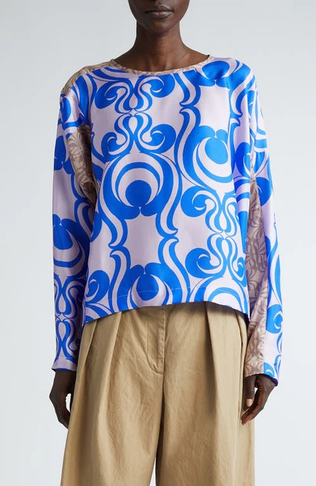 Dries Van Noten Caias Mixed Print Silk Top Blue at Nordstrom, Us