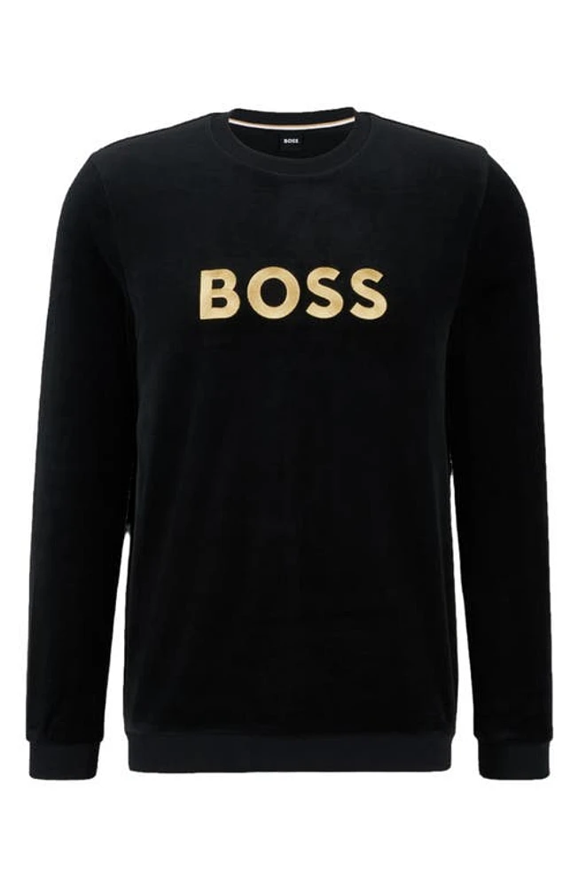 BOSS Velour Crewneck Sweatshirt Black at Nordstrom,