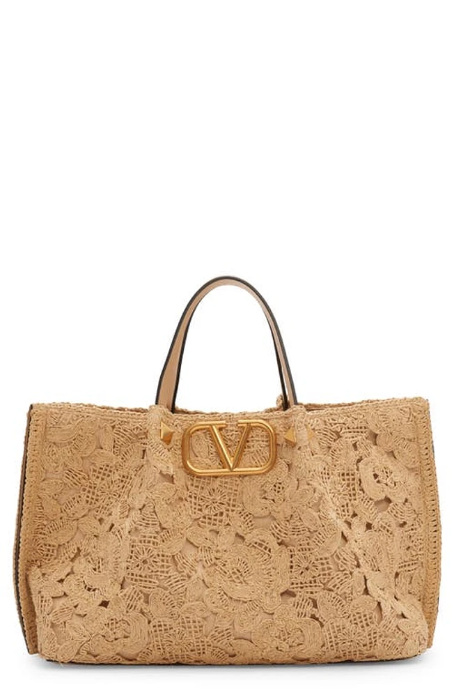 Valentino Garavani Medium VLOGO Floral Embroidered Tote in O39 Naturale/Sahara Beige at Nordstrom