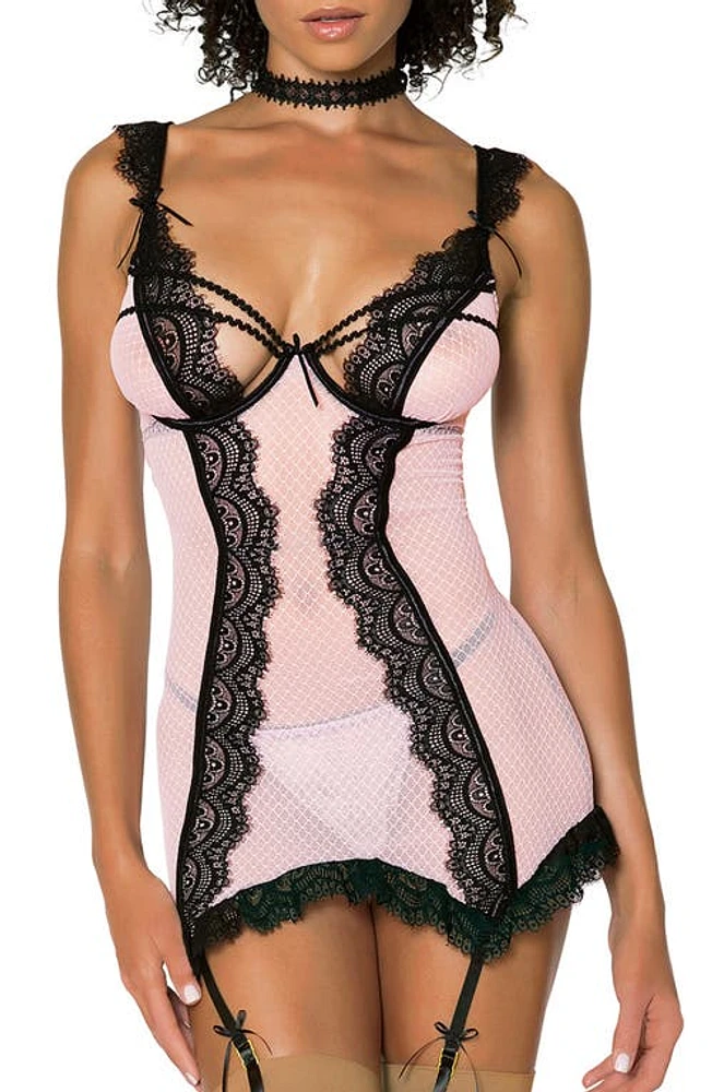 Dreamgirl Lace Trim Underwire Basque with Garter Straps & G-String Thong Pink/black at Nordstrom,