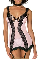 Dreamgirl Lace Trim Underwire Basque with Garter Straps & G-String Thong Pink/black at Nordstrom,