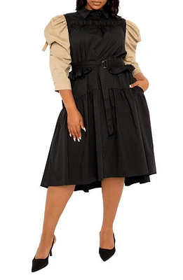 BUXOM COUTURE Contrast Puff Shoulder Dress Black at Nordstrom,