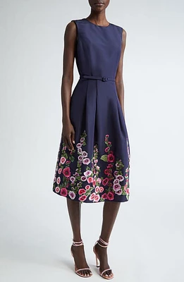 Oscar de la Renta Hollyhocks Border Print Sleeveless Fit & Flare Dress in Navy Multi at Nordstrom, Size 4