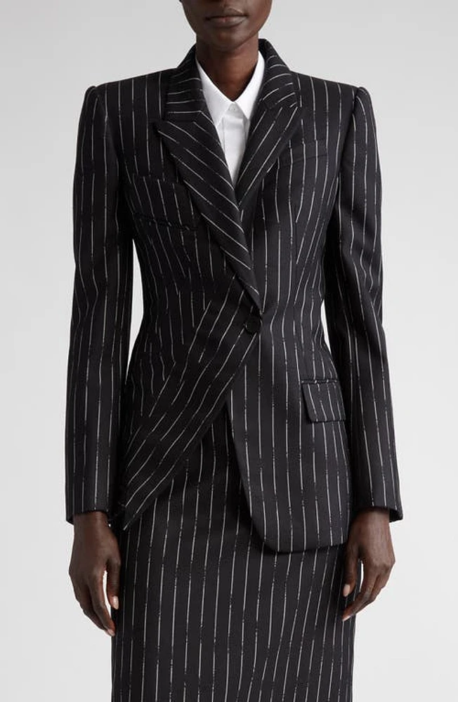 Alexander McQueen Broken Stripe Asymmetric Wool Blazer 1080 Black/Ivory at Nordstrom, Us