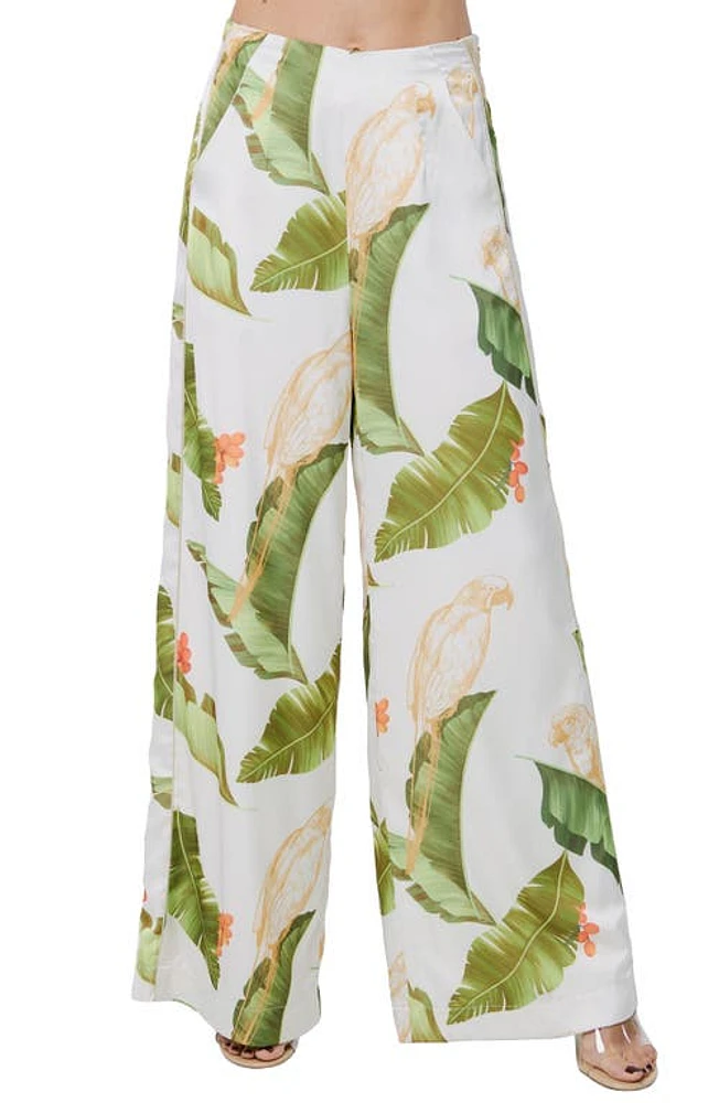 CIEBON Anjella Leaf Print Wide Leg Pants Cream Multi at Nordstrom,