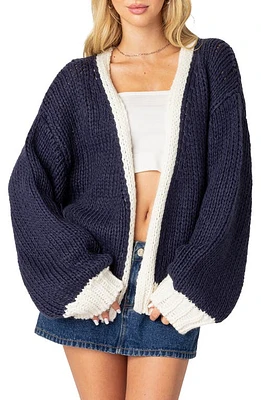 EDIKTED Colorblock Chunky Knit Cardigan Navy at Nordstrom,