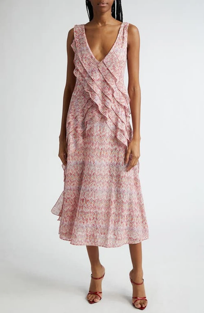 Missoni Metallic Chevron Stripe Ruffle Sleeveless Midi Dress in Pink Multi at Nordstrom, Size 8 Us