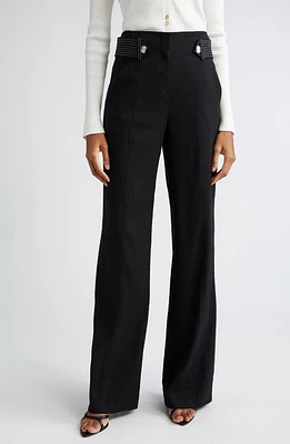 Veronica Beard Sunny Button Tab Linen Blend Wide Leg Pants Black at Nordstrom,