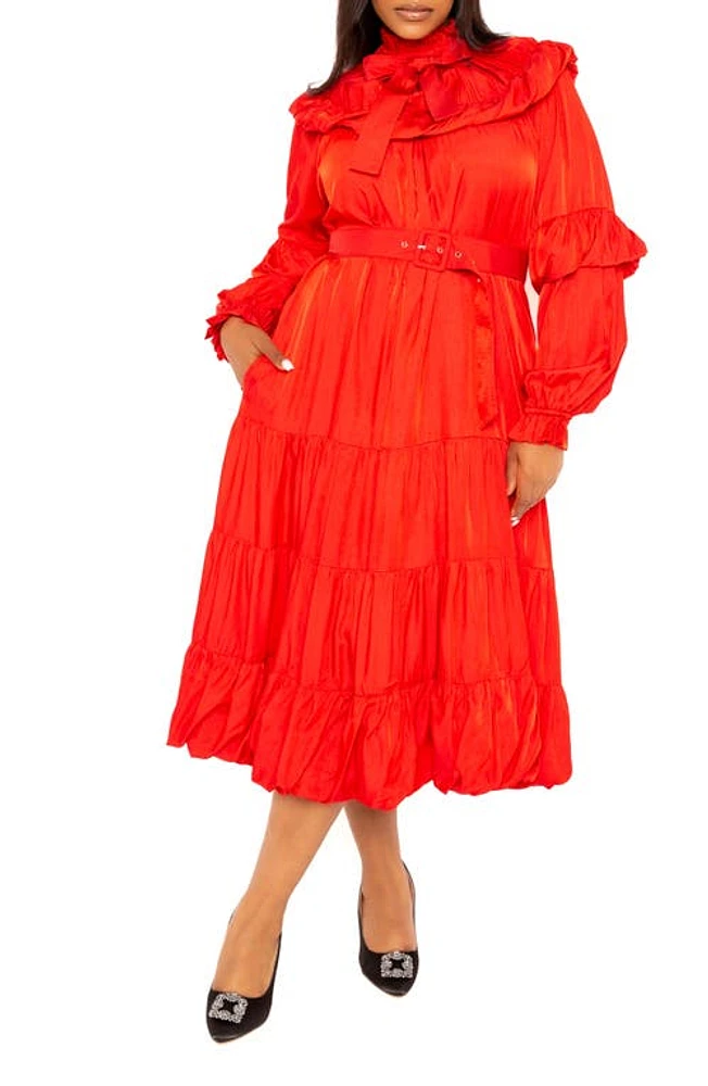 BUXOM COUTURE Belted Bubble Hem Long Sleeve Midi Dress at Nordstrom, X