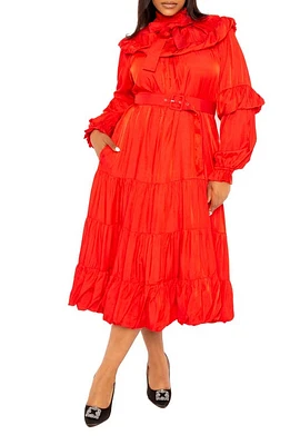 BUXOM COUTURE Belted Bubble Hem Long Sleeve Midi Dress at Nordstrom, X