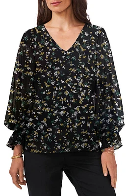 Chaus Floral Balloon Sleeve Top in Rich Black at Nordstrom, Size Medium