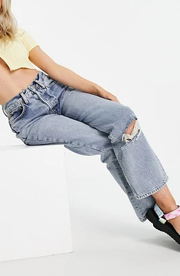 Topshop Double Ripped Knee Nonstretch Dad Jeans in Mid Denim at Nordstrom, Size 26