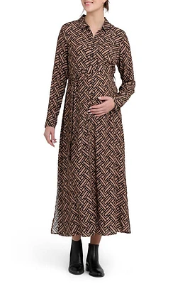 Ripe Maternity Gia Long Sleeve Tie Waist Shirtdress Black /Latte at Nordstrom,