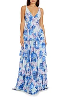 Dress the Population Lorain Floral Print Tiered Ruffle Gown Mint Multi at Nordstrom,