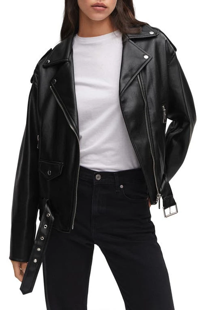 MANGO Oversize Faux Leather Moto Jacket Black at Nordstrom,