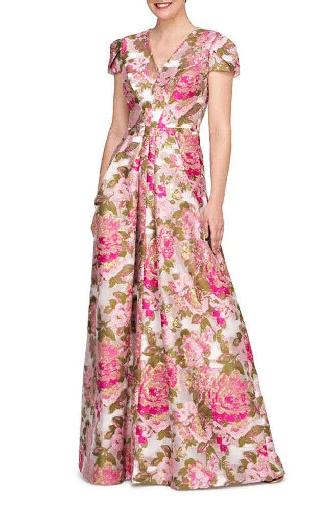 Kay Unger Odessa Metallic Floral A-Line Gown Wild Raspberry at Nordstrom,