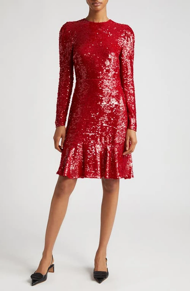 Erdem Tiered Ruffle Long Sleeve Sequin Cocktail Dress Ruby Red at Nordstrom, Us