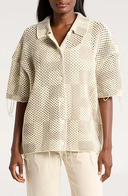 HONOR THE GIFT Gender Inclusive Openwork Short Sleeve Cardigan in Stone at Nordstrom, Size Small