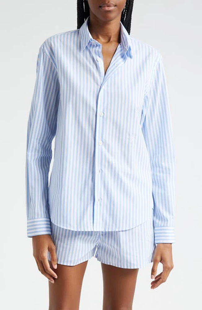 Sporty & Rich Stripe Cotton Button-Up Shirt White/Sky Blue Large at