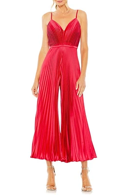 Ieena for Mac Duggal Pleated Satin Wide Leg Crop Jumpsuit Cranberry at Nordstrom,