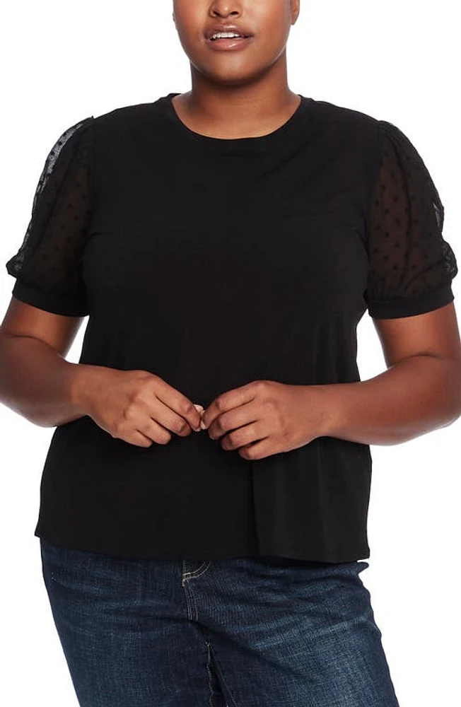 CeCe Puff Sleeve Mixed Media Top Rich Black at Nordstrom,