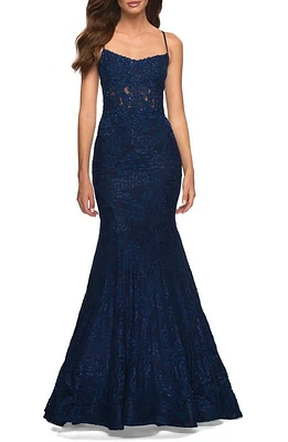La Femme Stretch Lace Mermaid Gown Navy at Nordstrom,