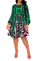 BUXOM COUTURE Bishop Sleeve Belted Fit & Flare Dress Green Print at Nordstrom, X