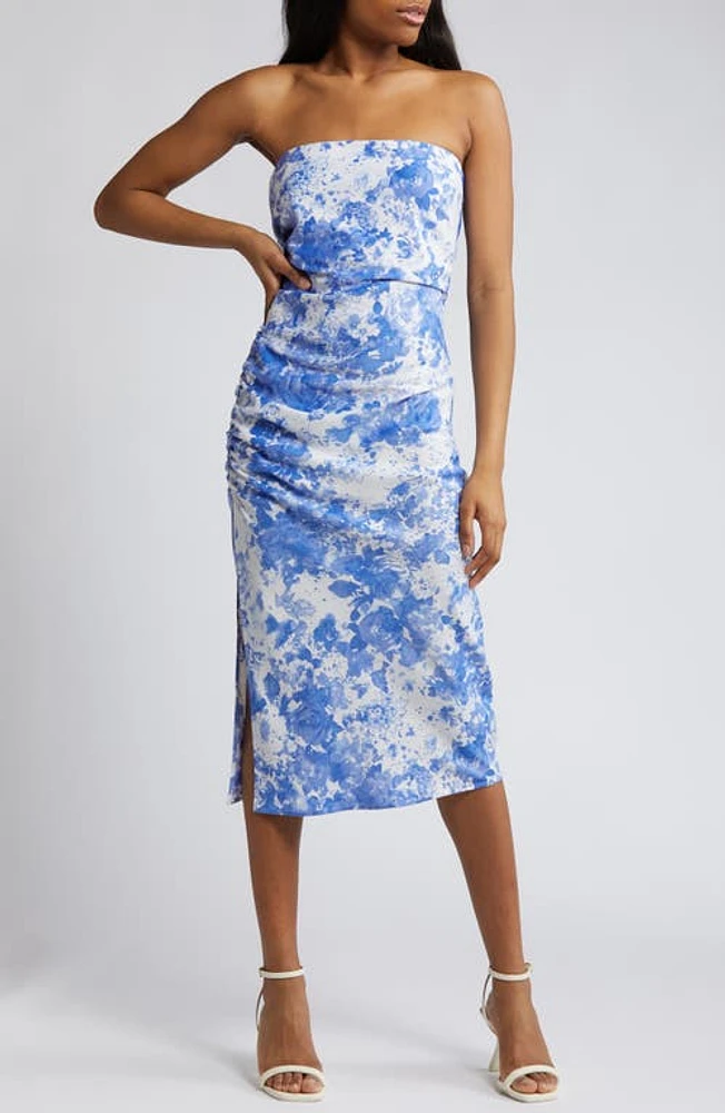 WAYF The Taylor Floral Strapless Cocktail Dress Blue Toile at Nordstrom,