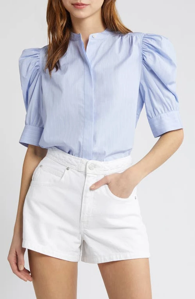 FRAME Stripe Puff Sleeve Cotton Button-Up Shirt Chambray Blue at Nordstrom,