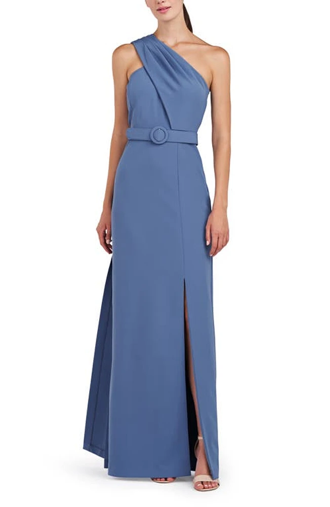 Kay Unger Bowie One-Shoulder Belted Gown Mediterranean Blue at Nordstrom,