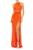 Ieena for Mac Duggal Sequin Halter Gown Tangerine at Nordstrom,