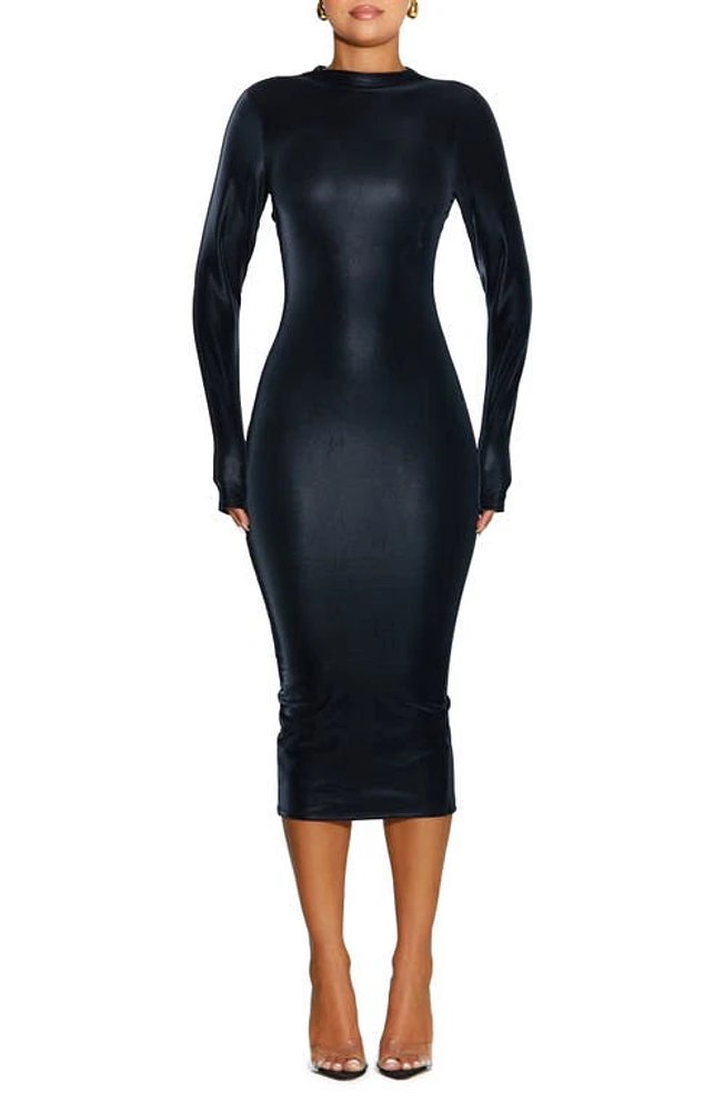 Naked Wardrobe Liquid Faux Suede Long Sleeve Midi Dress in Black at Nordstrom, Size X-Small