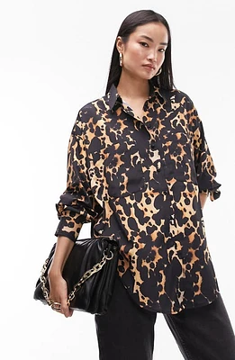 Topshop Oversize Animal Print Button-Up Shirt Black Multi at Nordstrom, Us