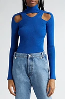 Coperni Cutout Crossover Mock Neck Rib Sweater Blue at Nordstrom,