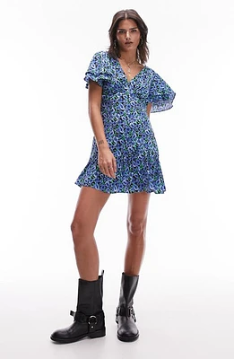 Topshop Bella Floral Flutter Sleeve Minidress Mid Blue at Nordstrom, Us