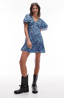 Topshop Bella Floral Flutter Sleeve Minidress Mid Blue at Nordstrom, Us